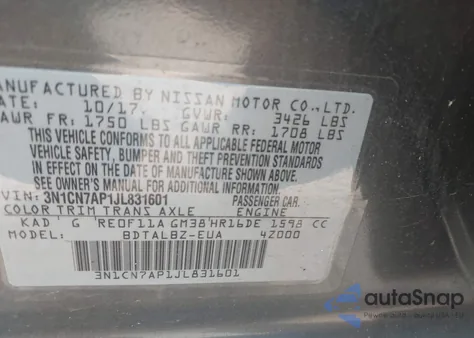 2018 Nissan Versa 1.6 Sv from USA, damaged, VIN 3N1CN7AP1JL831601